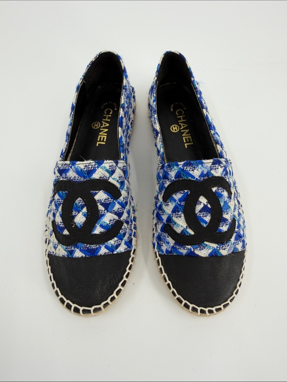 Blue and White Tweed Espadrilles with Black Cap Toe